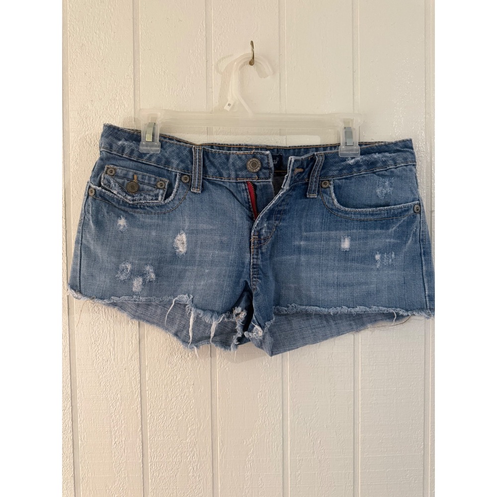 Aeropostale Womens Distressed Denim Shorts Medium Wash Raw Hem Size 7/8